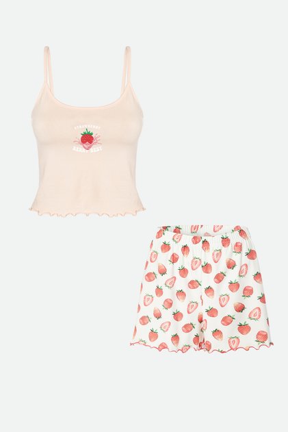 Women's Thin Strap Patterned Cotton Shorts Pajama Set