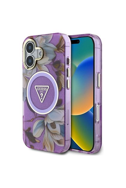 Carcasă Guess pentru iPhone 16, compatibilă cu Magsafe, model IML, cu sclipici metalic, flori triunghiulare, violet