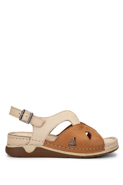 Women's Genuine Leather Beige Heeled Sandals