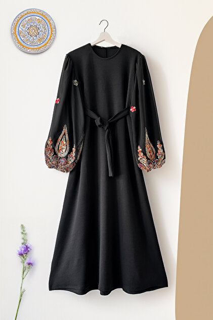 Embroidery Detailed Long Chiffon Sleeve Dress