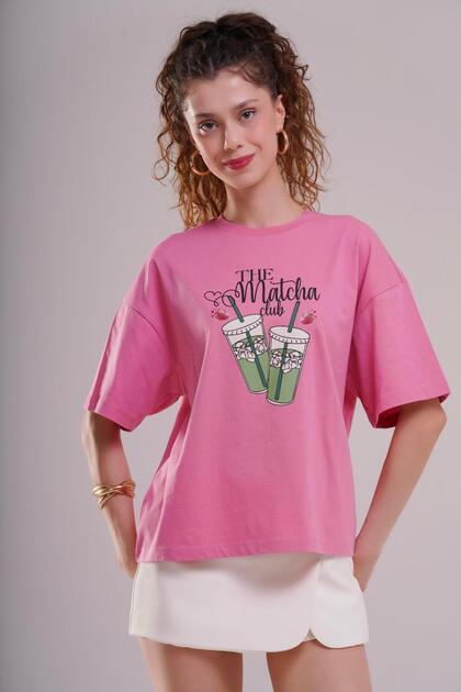 Ženska roza Oversize kroj majica - The Matcha Club Štampano