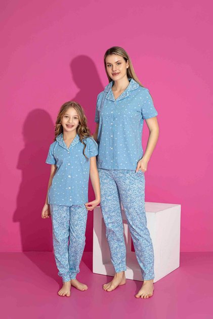 Anne Kız Kombin Kısa Kollu Gömlek Uzun Alt Likralı Penye Kumaş Orta Kalın Pijama Takımı-3023