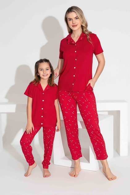 Mother Daughter Combination Short Sleeve Shirt Long Bottom Milan Fabric Medium Thick Pajama Set-2922