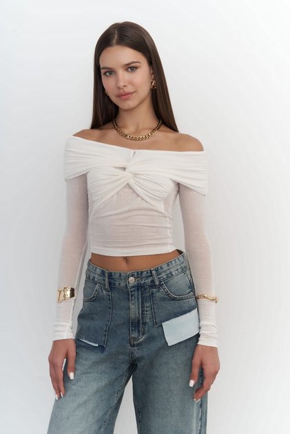 Vanni Cross Detail White Long Sleeve Blouse