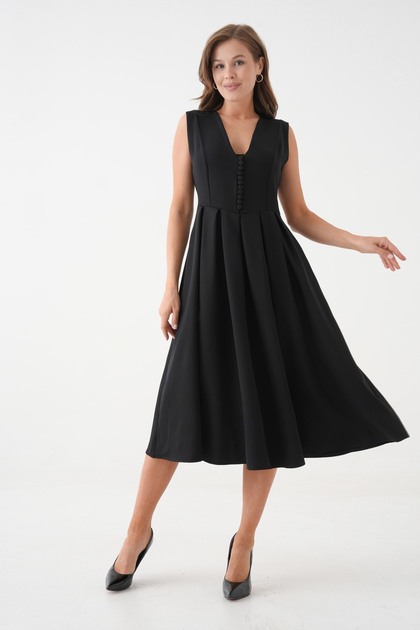 WOMAN VISION Women Double Fabric Pleated Flared Cut Button Detail V-Neck  Midi Cut Black Graduation Dress 2182- Trendyol