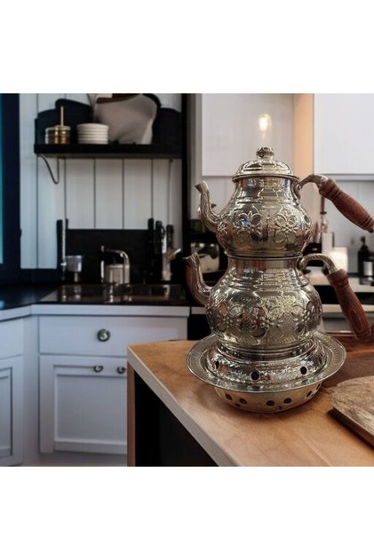 Bakır Çaydanlık Bakır Demlik Osmanlı Ocağı El Yapımı 2.80 Litrelik Aile Boy Çaydanlık Seti