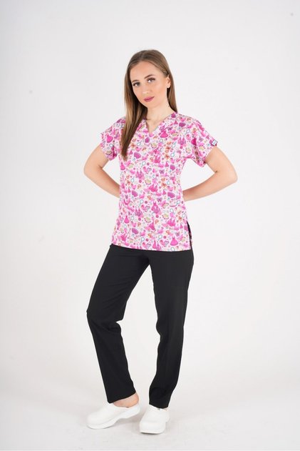 Unisex Pink Princess Patterned Lycra Scrubs Nurse Doctor Hospital Uniform Set