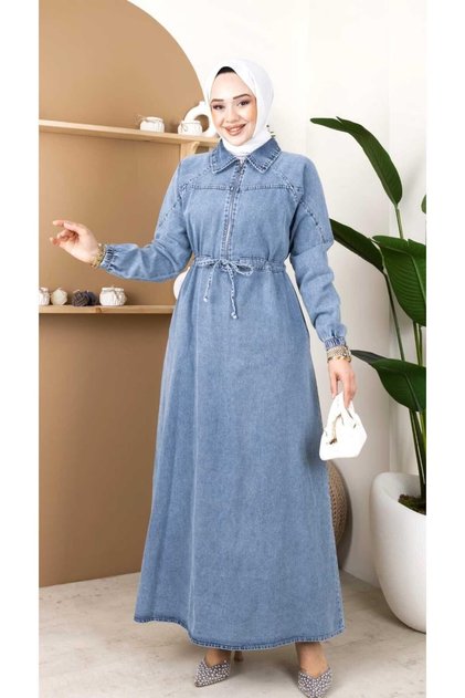 Women's Waist Lace-Up Zipper Detailed Denim Dress