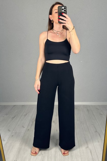 Women's Black Elastic Waist Lycra Palazzo Trousers