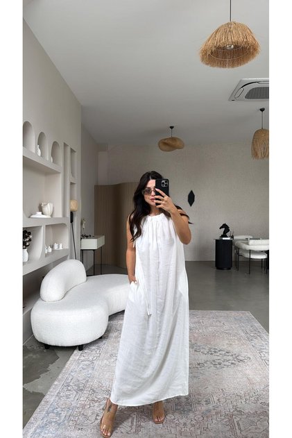 Ekru Omuzları Bağlı Tensel Maxi Elbise