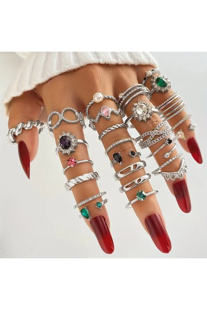 Yasel Silver 25 Piece Colorful Rhinestone Stone Design Figured Vintage & Bohemian Multiple Silver Ring Set