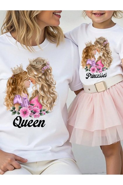 Queen Princess Printed Mother Daughter T-Shirt (Single Product, Can Be Combined, Prices Are Separate)