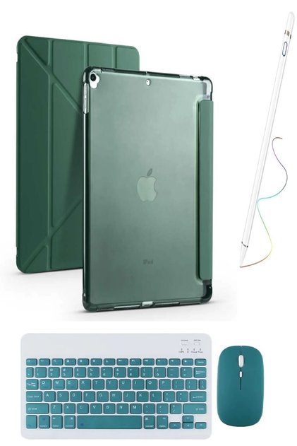 Apple iPad 7. 8. ve 9. NESİL Uyumlu 10.2 İNÇ Uyumlu Trifolding Kılıf+Klavye Mouse+Kalem KOYUYEŞİL
