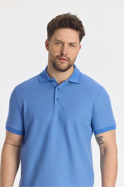 Walfer Men's Blue Lycra Cotton Blended Collar Detail Slim Fit Non-Curling Polo Neck T-Shirt