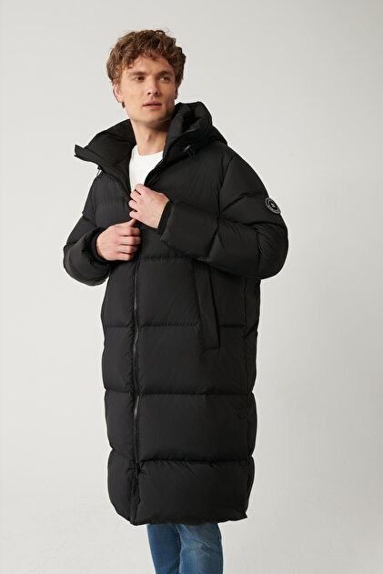 Avva Schwarzer langer Daunenmantel für Herren – winddicht, mit