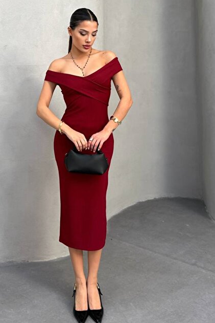 WOMAN VISION Women's Burgundy Shoulder Open Cross Band Midi Dress 13650-  Trendyol