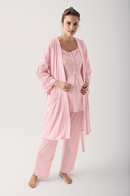 Lace Buttoned Short Sleeve Stretchy Fabric Maternity Pajamas 12305