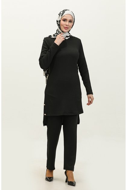 Set de două piese cu pantaloni tunică cu nasturi 0101DA-04 Negru