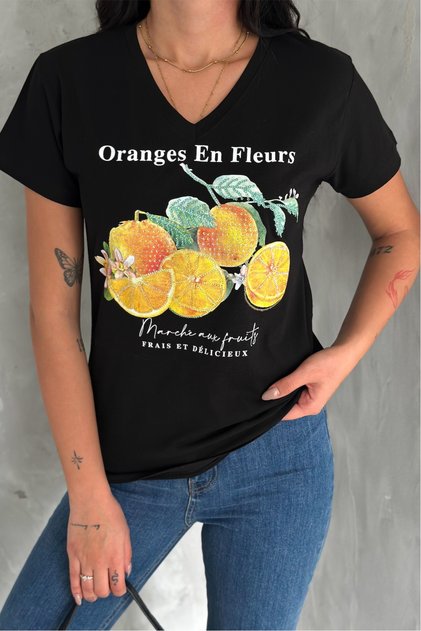 Women's Black V-Neck Orange Sequin Embroidered 100% Cotton T-Shirt