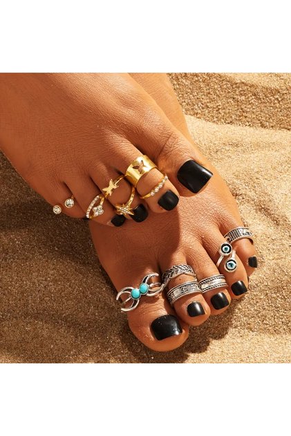 Morva 12 Pieces Turquoise Stone Vintage Multiple Adjustable Gold Silver Toe Ring Set
