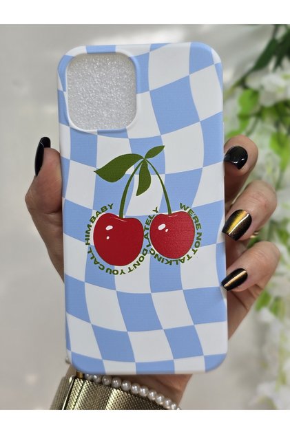 iPhone 12 / 12 Pro Compatible Blue Plaid Patterned, Cherry Printed Soft Silicone Velvet Launch