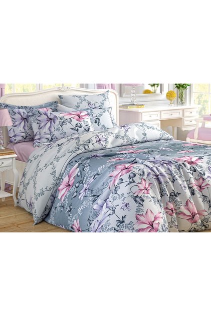 Gray Pink Floral Patterned Single Duvet Cover Set 100% Cotton 62 Wire Fabric (12-17435)