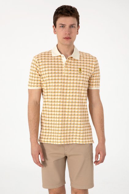 Men's Regular Fit Polo Neck Cream Patterned T-Shirt 50299672-Vr071