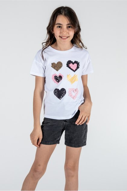 100% Cotton Girls' White Heart Sequined Short Sleeve T-Shirt / Different Color Options