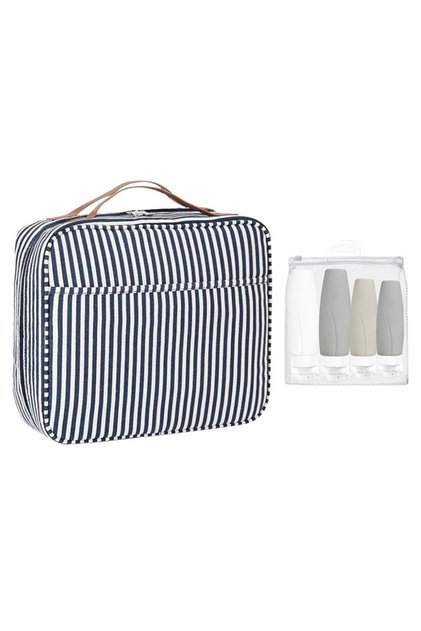Set calatorie Quasar & Co.®, cu geanta cosmetice si 4 x recipiente dozatoare voiaj, negru-gri