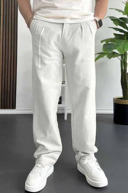Men's Buttoned Waist Baggy Fit Pleated Trousers White Edw357