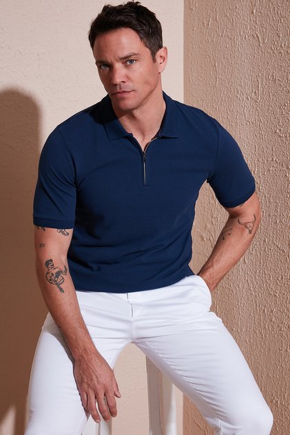 Cotton Regular Fit Half Zipper Polo Neck t Shirt Men's Polo Collar t Shirt 5903008