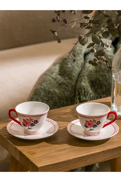 LCW HOME Pink Flower Printed Porcelain Coffee Cup Set for 2 90 ml
