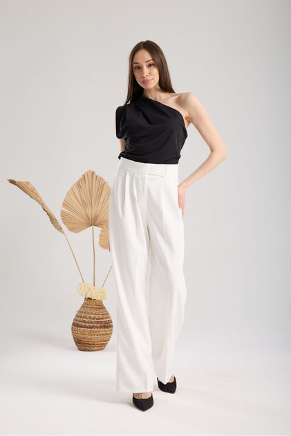 Yüksel High Waist Velcro Palazzo White Trousers for Women