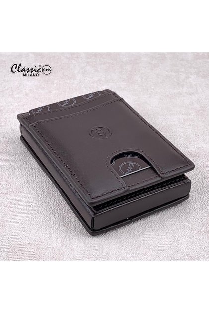 RFID Blocking Leather Card Holder for Men with Pop-Up Slot, ID Window & Magnetic Closure.