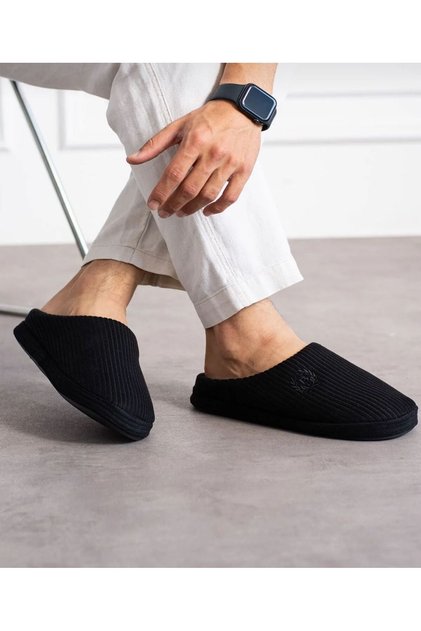 Siyah Erkek Ev Terliği | Ortopedik | Yumuşak Tabanlı | Içi Kürklü Damat Terliği & Çeyizlik