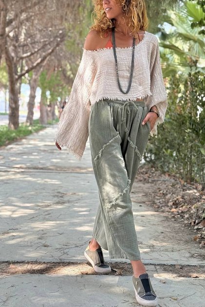 Khaki Pocket Washed Mesh Detailed Dirty Stitched Shalwar Linen Blended Loose Woven Trousers 85 30