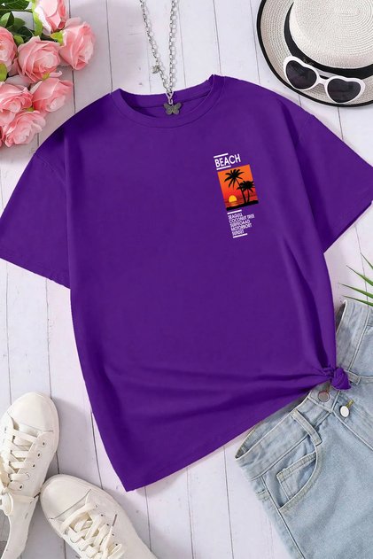 Unisex Beach Sunset Printed Relaxed Cut Purple T-Shirt