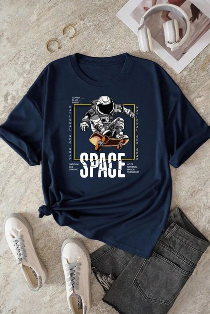Unisex Space Printed Relaxed Cut Navy Blue T-Shirt