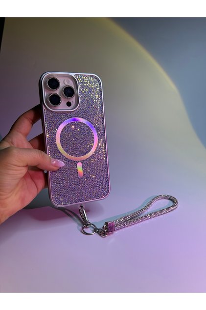 APPLE IPHONE 15 PRO UYUMLU MAGSAFE ÖZELLİKLİ LÜKS TAŞLI GLAMOUR SET KAPAK