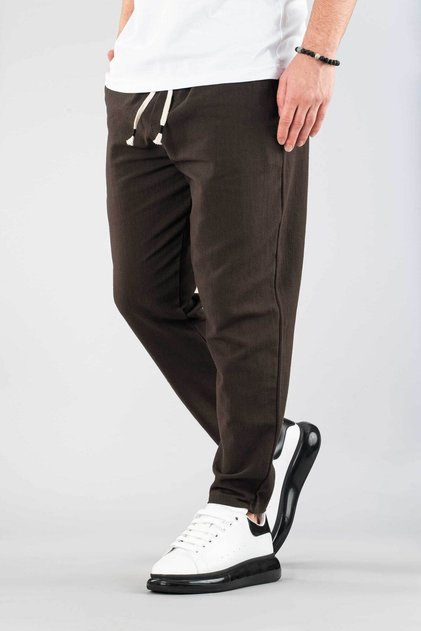 Men's Jogger Linen Pants Elastic Waist Drawstring Cotton Casual Boyfriend Pants Brown