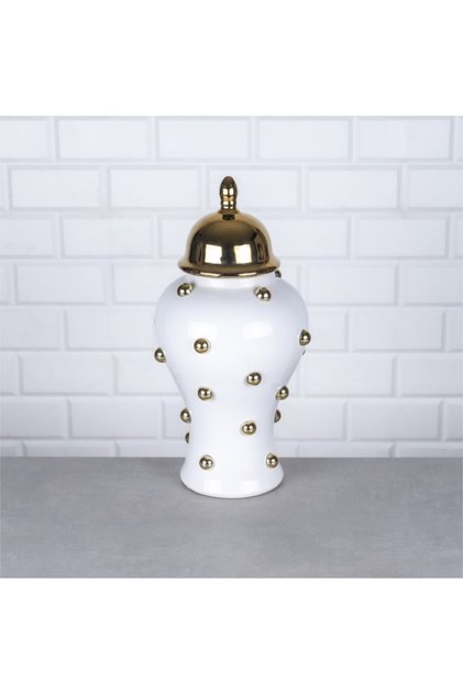 Gold Beyaz Boncuklu Orta Boy Porselen Küp Dekoratif Süs 18x18x38cm TEKLİ SATILIR