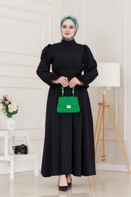 Henna Dress with Flounces and Belted Sleeves-Black