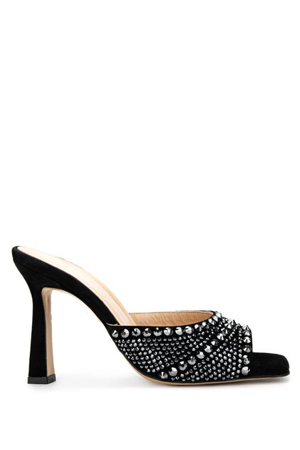 Women's Genuine Leather Black Suede Heeled Slippers