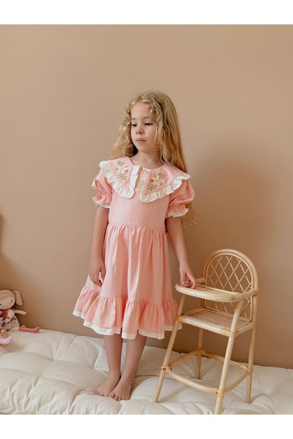 Girl's Baby Doll Collar Flower Detail Inner Lining Stylish Festive Dress