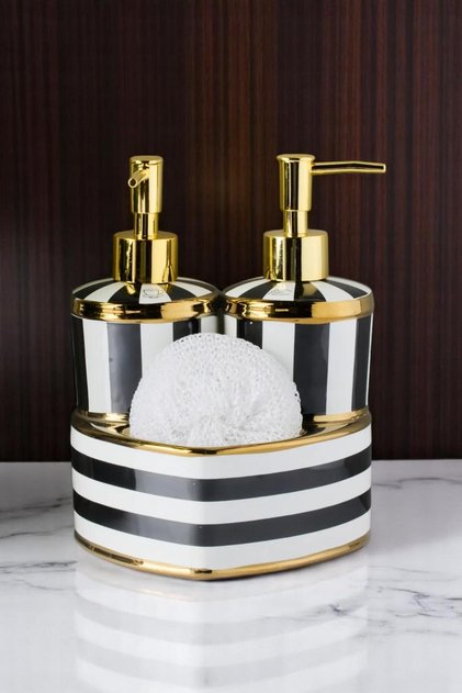 2 Hazneli Porselen Mutfak Set Sıvı Sabunluk Çizgili 40075
