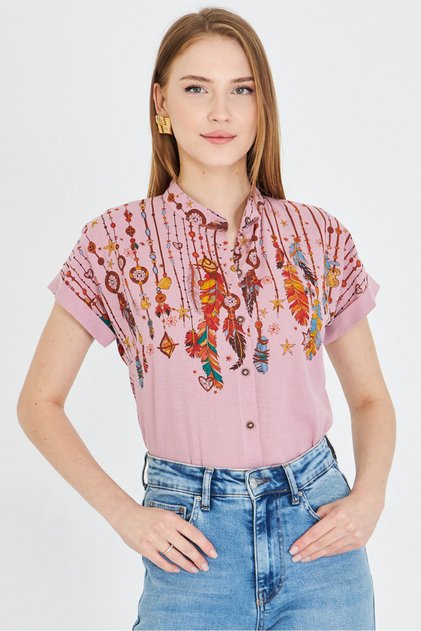 Women's Dusty Rose Judge Collar Short Sleeve Shirt Arm-25Y 001040