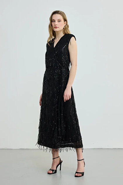 Gusto Wrap Cut Long Sequin Sequin Dress - Black- Trendyol