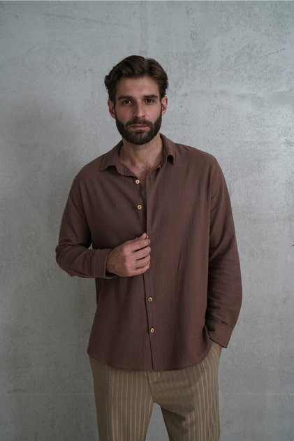 Wesley Men's Oversize Crinkle Brown Shirt