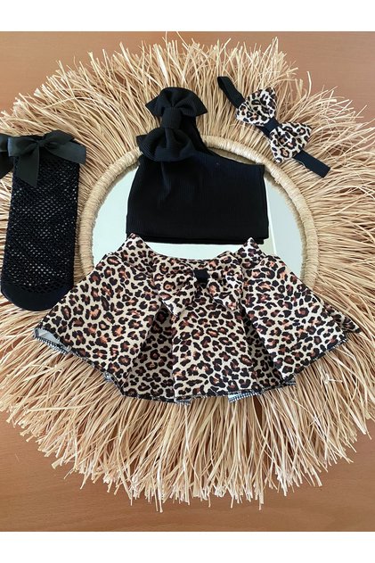 Girl's Leopard Skirt Crop Body Bandana and Fishnet Stockings Set