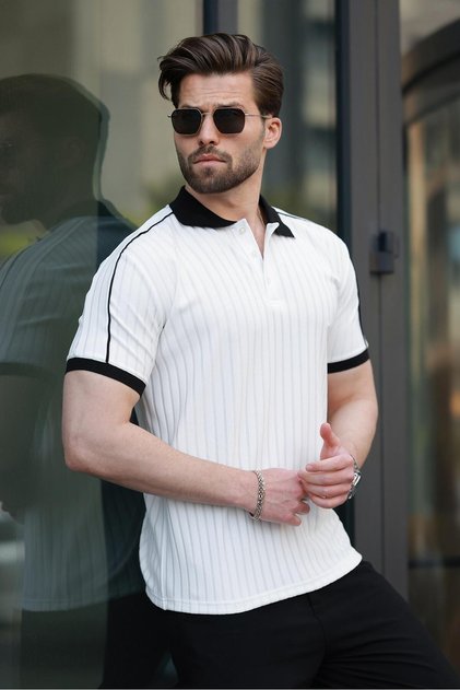 Ecru Patterned Polo Neck Knitwear Men's T-Shirt E7155